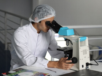 An analyst at a microscope in the quality control laboratory